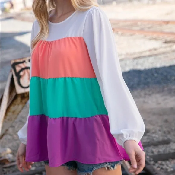 Purple Orange Teal Colorblock Tiered Ruffle Top Oversized Blouse S M L 1X 2X 3X - Picture 8 of 9